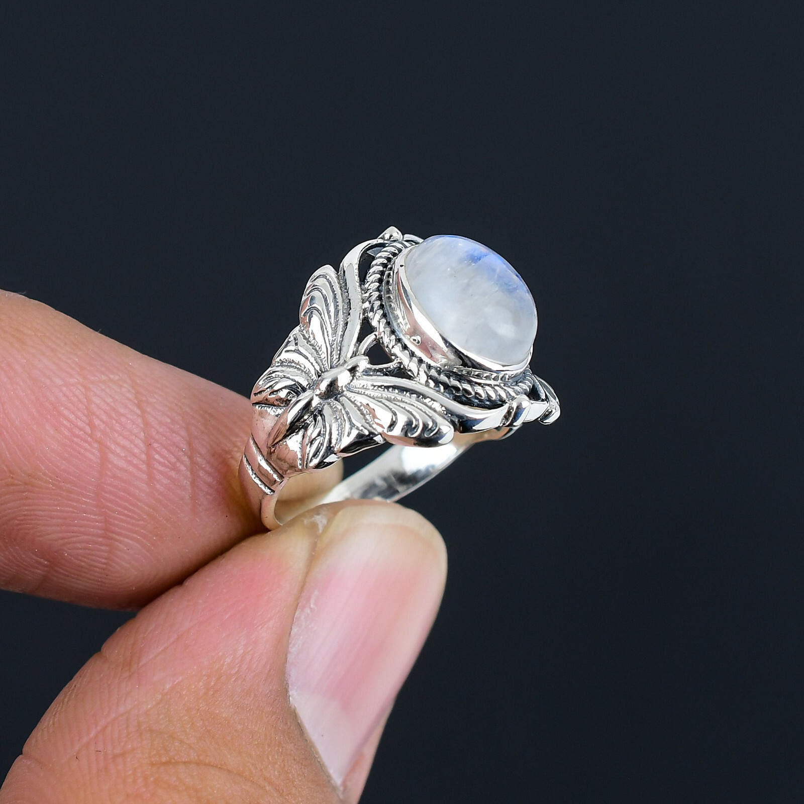Natural Moonstone Gemstone Solid 925 Sterling Silver Butterfly Ring Jewelry LS-