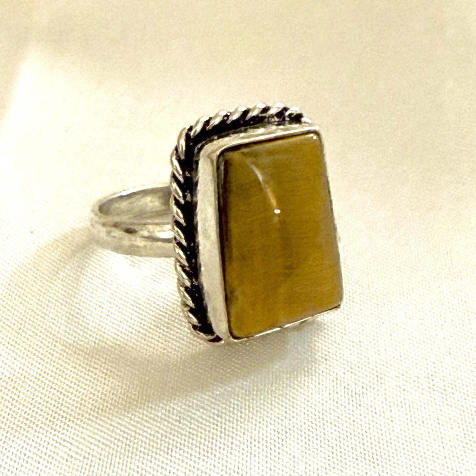 925 Sterling Silver Rectangular Golden Brown Jasper Ring Rope Border Size 6.5