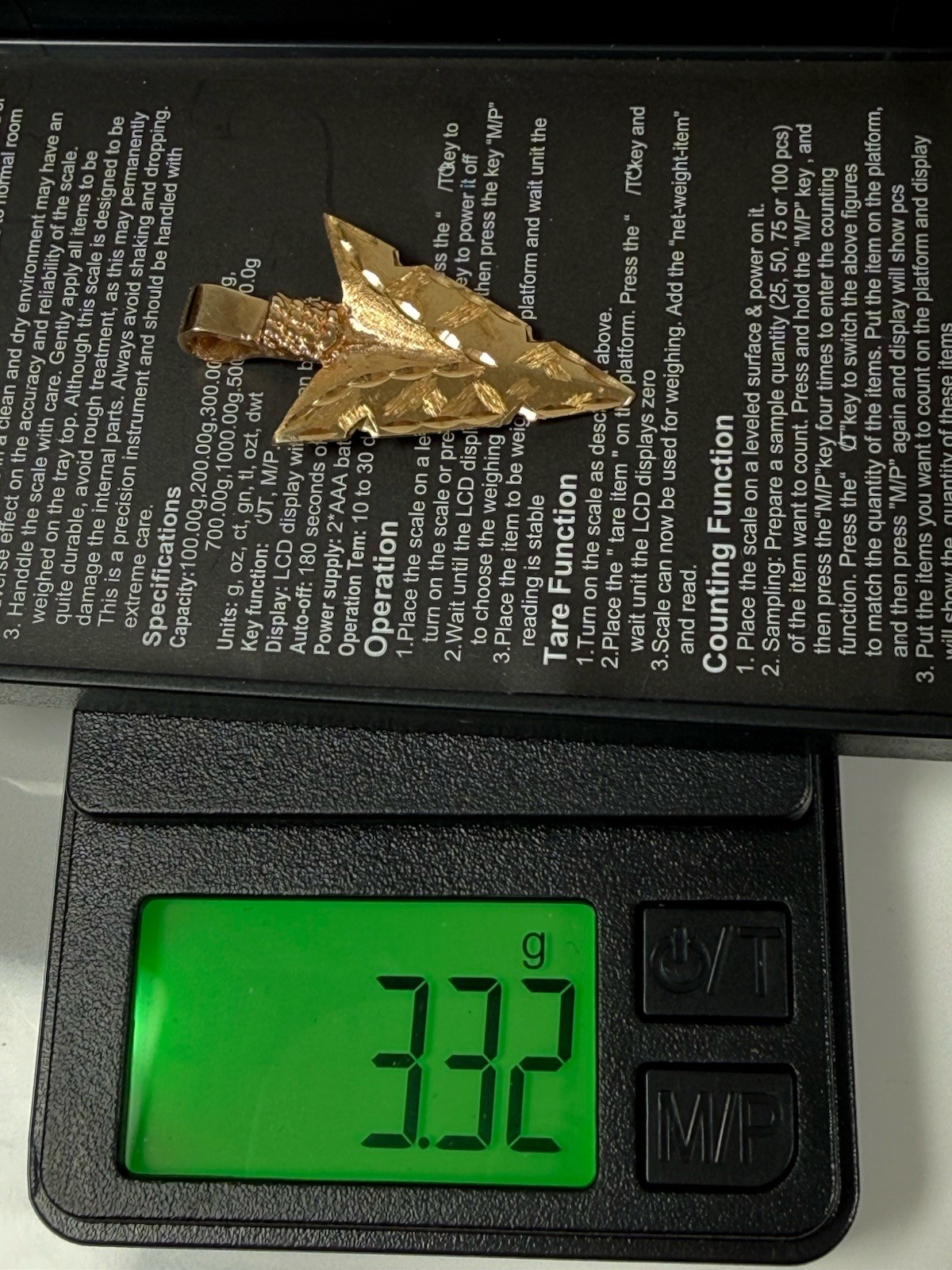14K Yellow Gold Solid Arrowhead Pendant 3.32g Diamond Cut 33mm Chunky