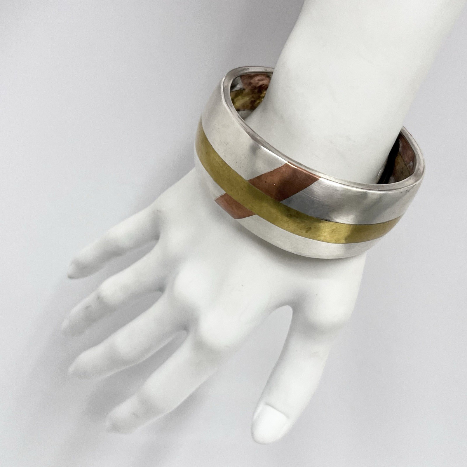 Vintage Sterling Mixed Metals Cuff Bracelet 38 Grams Modernist Style Hallmarked