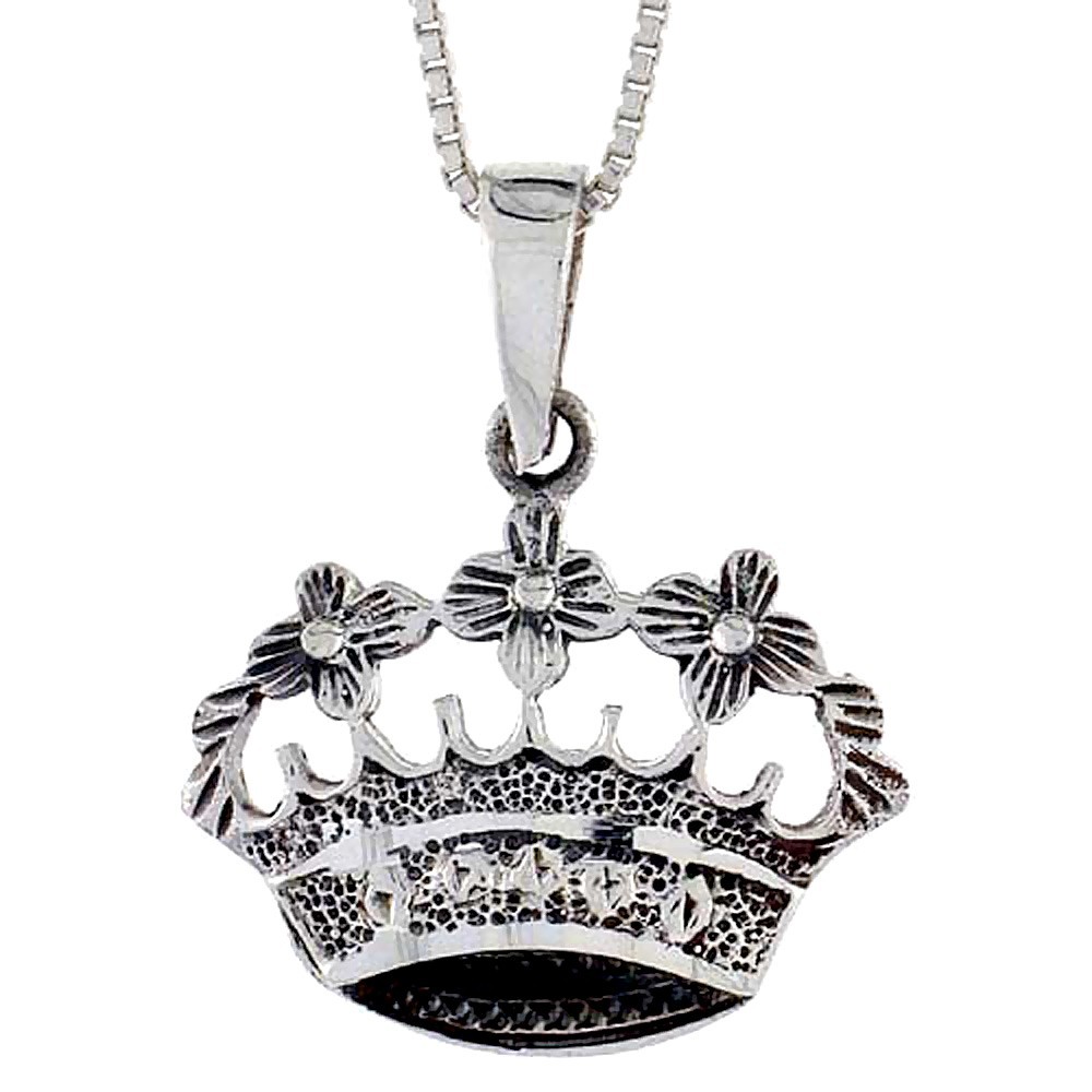 925 Sterling Silver Antiqued Finish Floral Crown Pendant 3/4 (19mm) Inch Tall