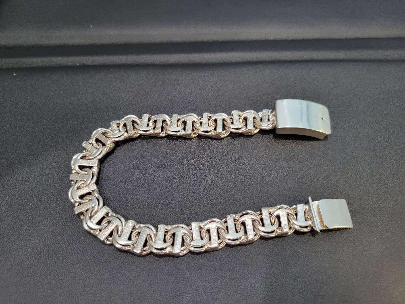 925 sterling silver Solid Chino Bar Greek Link Bracelet 8.7″ 12mm Plata