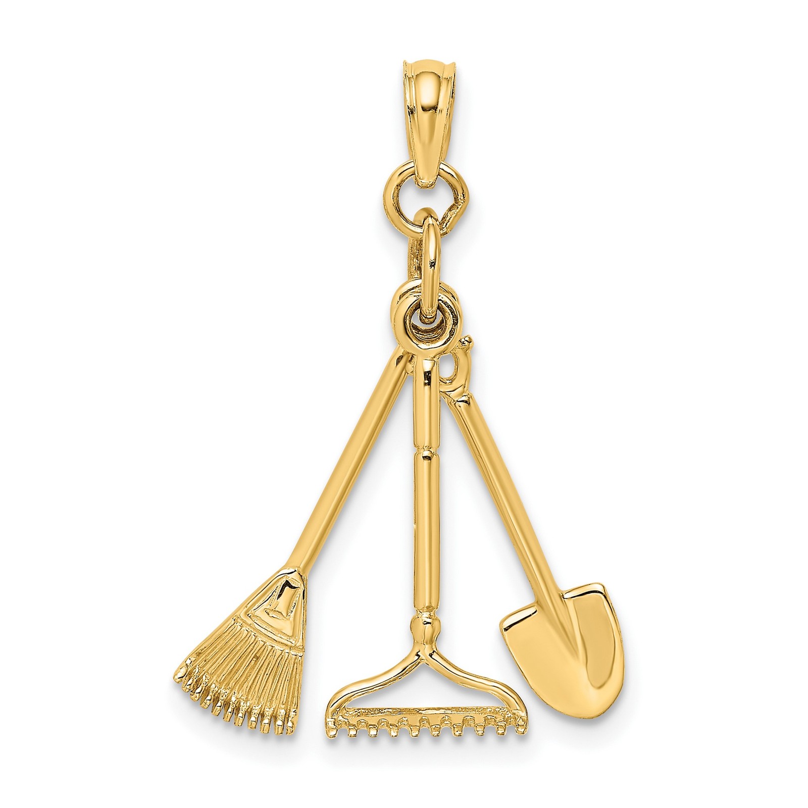 10k Yellow Gold Garden Tools Pendant Rake Shovel Broom Charm Nature Jewelry