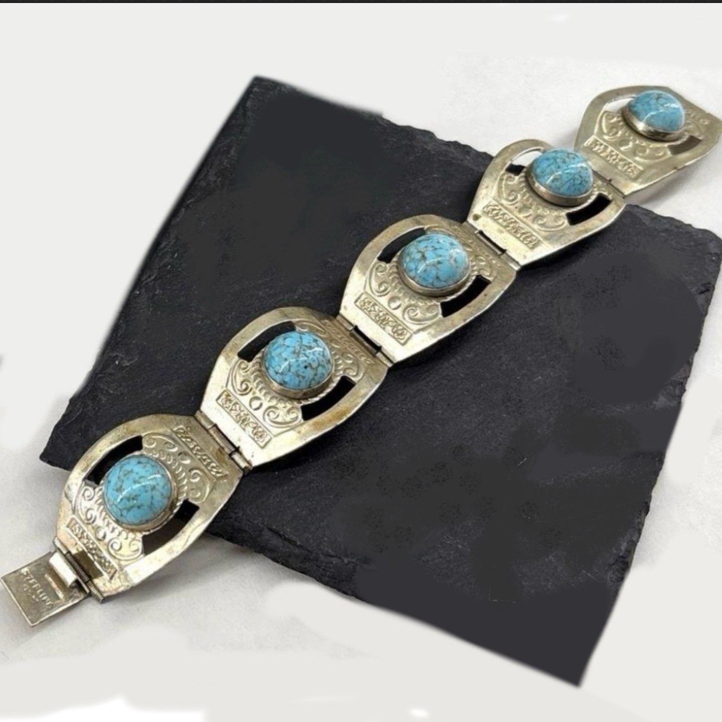 7” Sterling Silver 925 Round Turquoise Howlite Panel Bracelet VTG
