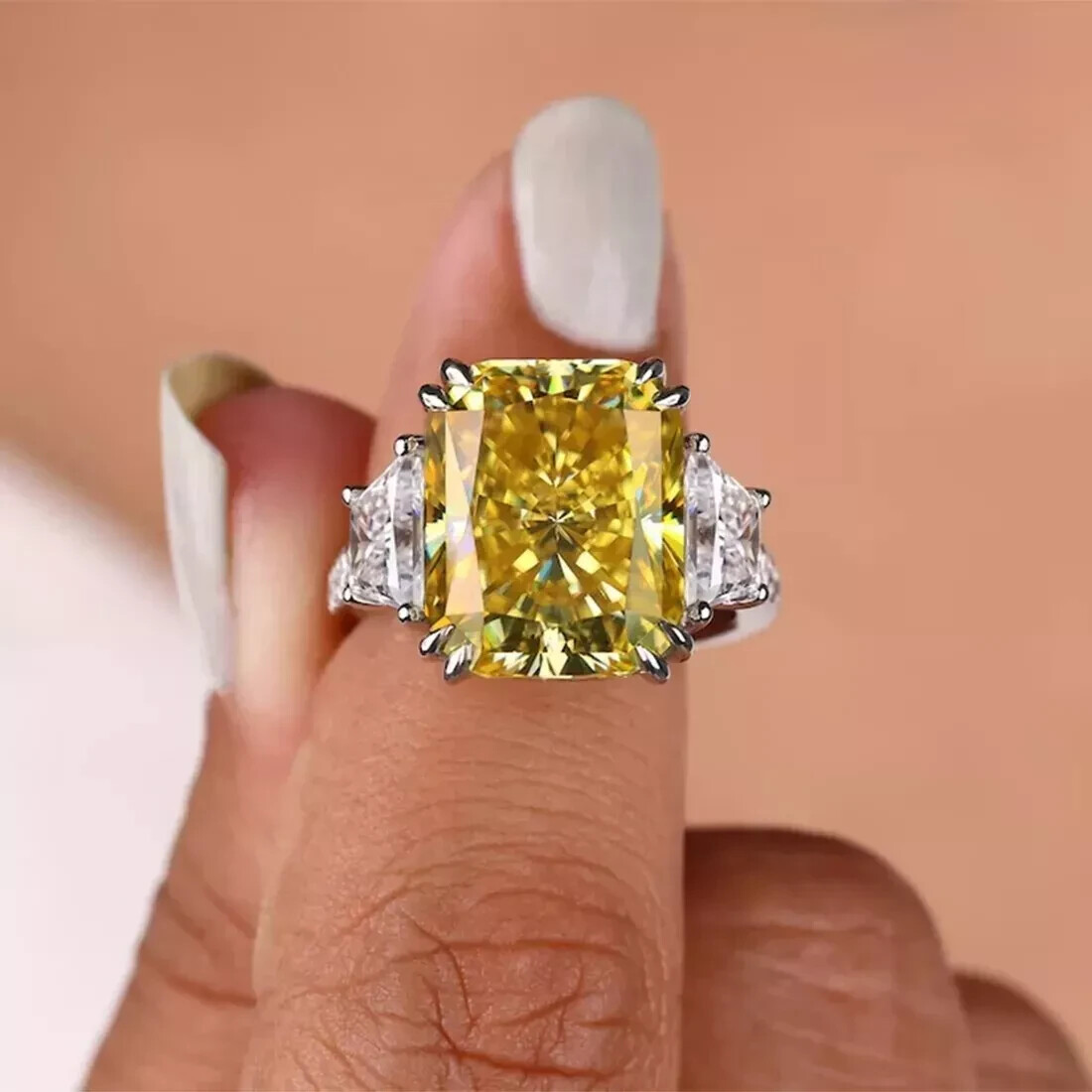 8.00 Ct Radiant Natural Yellow Sapphire Diamond Ring 14K Real White Gold Size 7