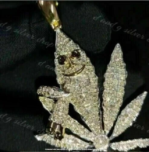 2Ct Round Cut VVS1/D Diamond Men’s Marijuana Leaf Pendant 14 Yellow Gold Finish