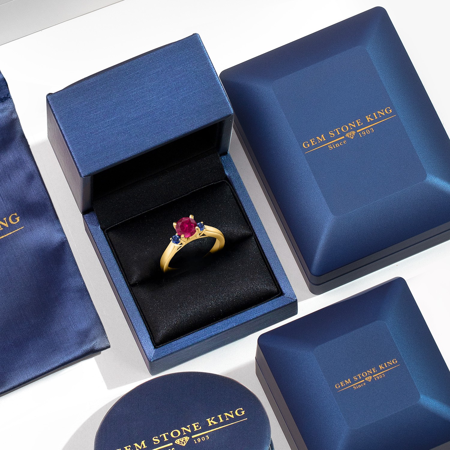 1.26 Created Ruby Created Sapphire 18K Yellow Gold Plated Silver Ring