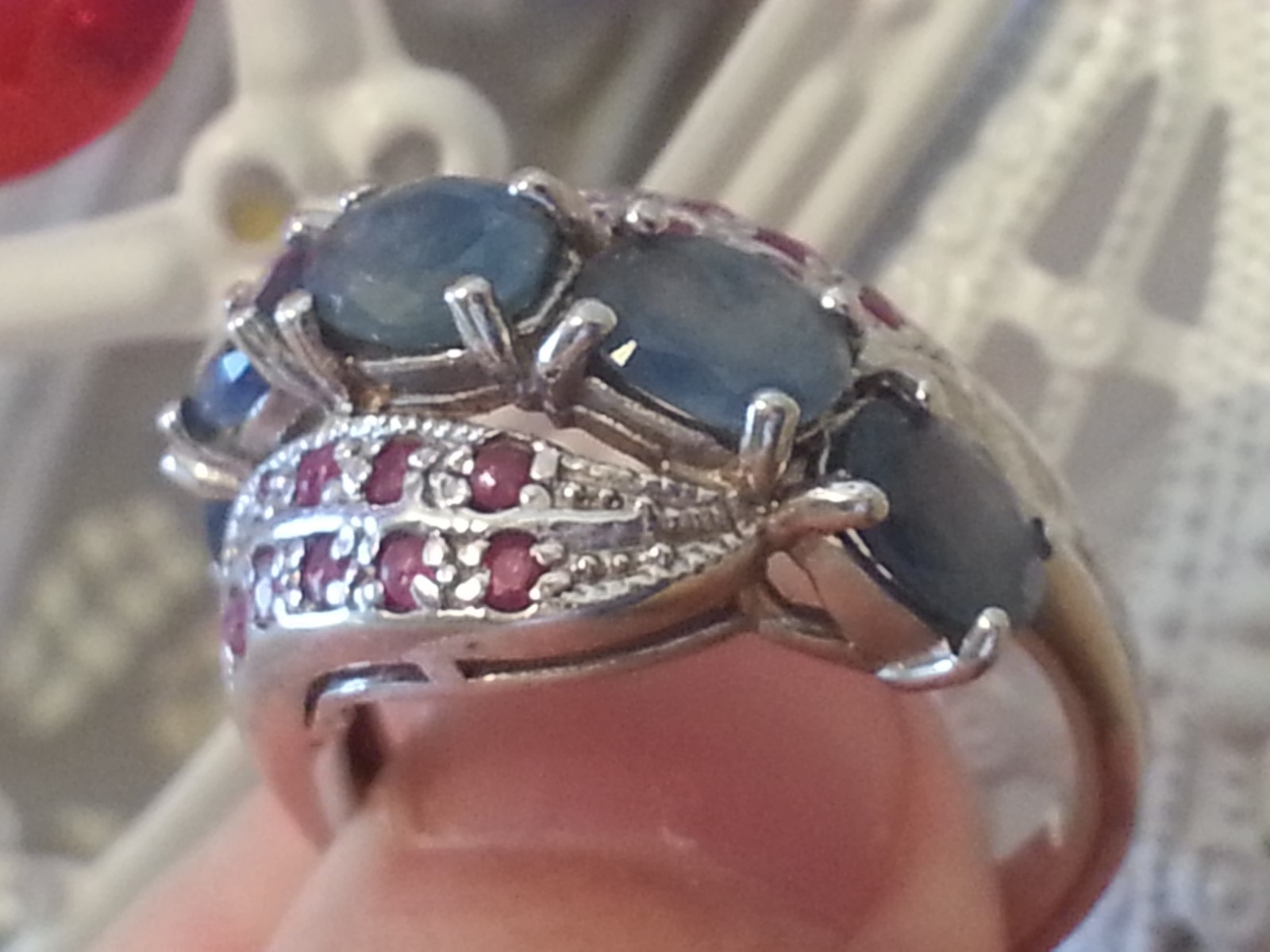 Sapphire & Ruby “Cross Over” Band / Cluster Style Silver Ring. Size T.