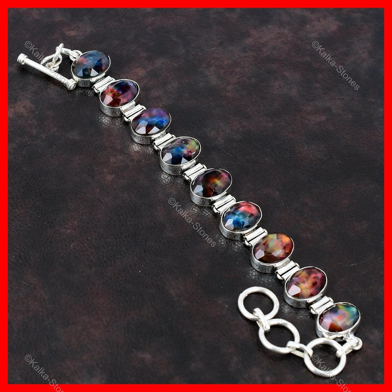 Valentines Deal Sterling Silver Oval Ammolite Stone New Chain Bracelet Jewelry