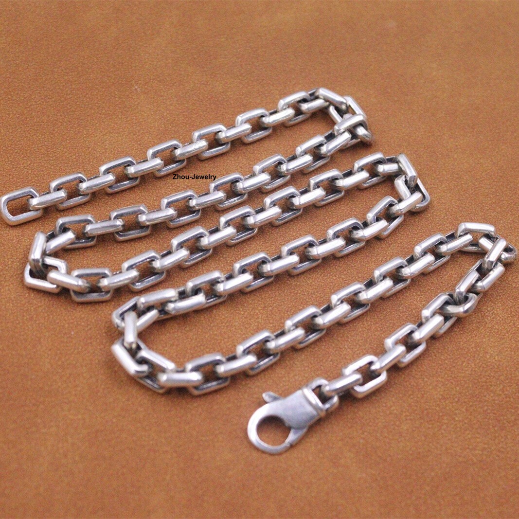 Solid S925 Sterling Silver Chain 7mm Square O Link Necklace 68-69g 21.6inch