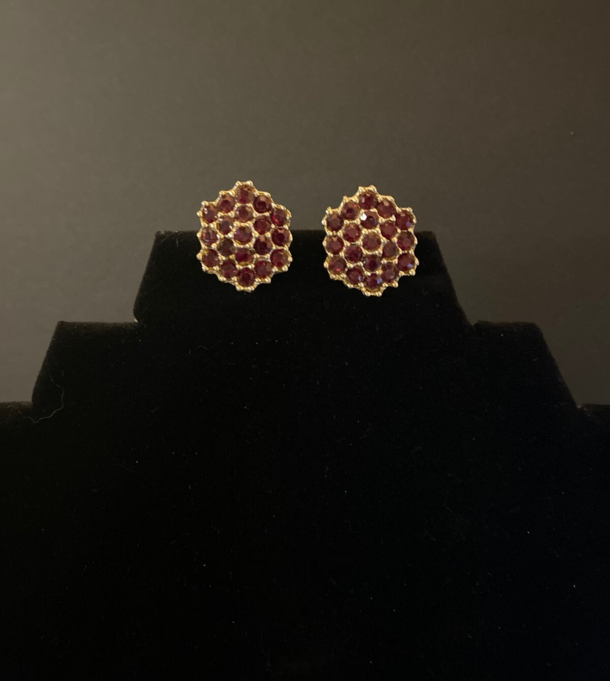 Vintage Bohemian Garnet Honeycomb Cluster Screw Back Earrings Set in Silver Tone