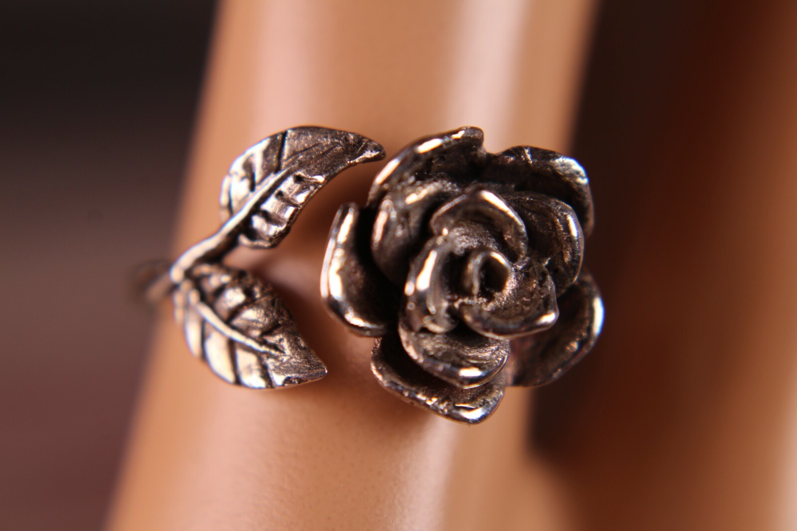 Sterling Silver Rose Ring With Leaves Aged Semi Adjustable