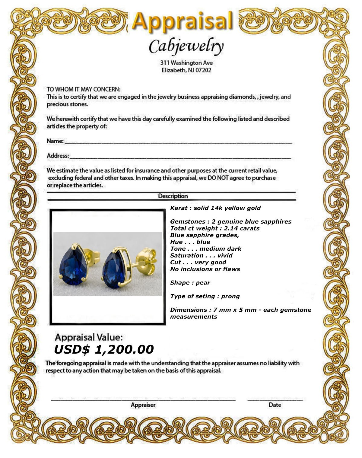 GENUINE 2.14 Cts BLUE SAPPHIRE STUD EARRINGS 14k GOLD – Free Appraisal Service