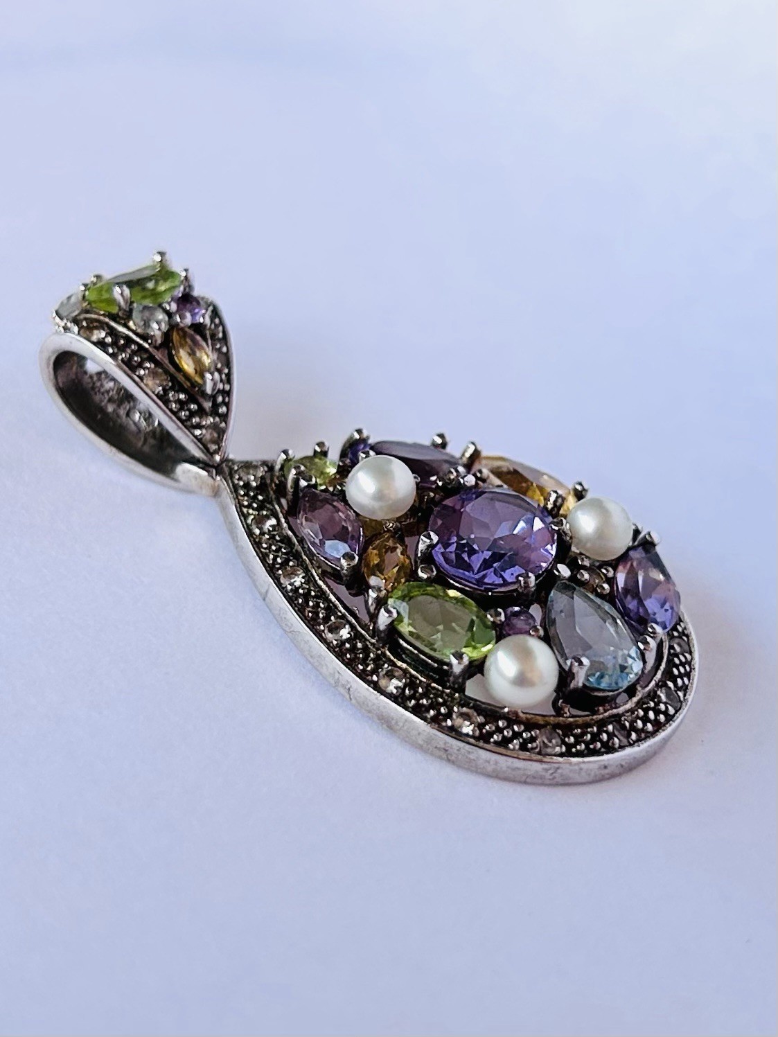 .925 Sterling Silver Multi Gems Teardrop Pendant Amethyst Citrine Peridot Pearls
