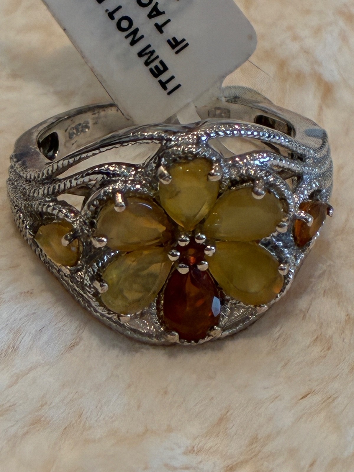 NWT Sterling Silver Golden / Amber tone Rhinestone Flower Ring STS size 8.25