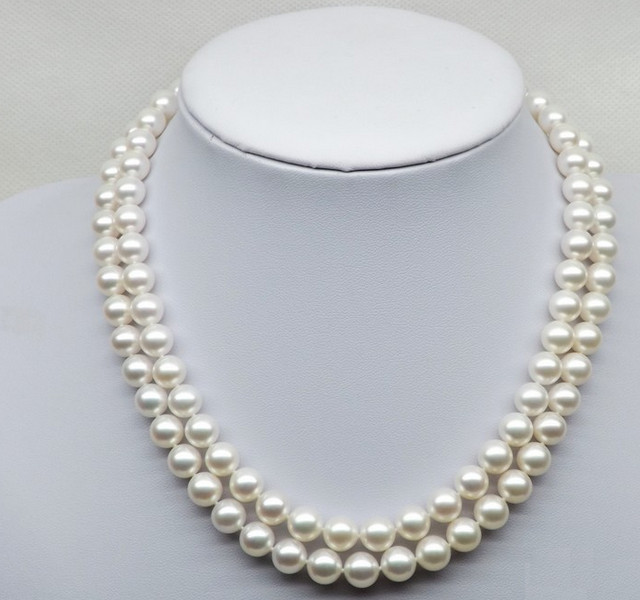 2 row 8-9mm South Sea genuine white round pearl necklace 18″19″