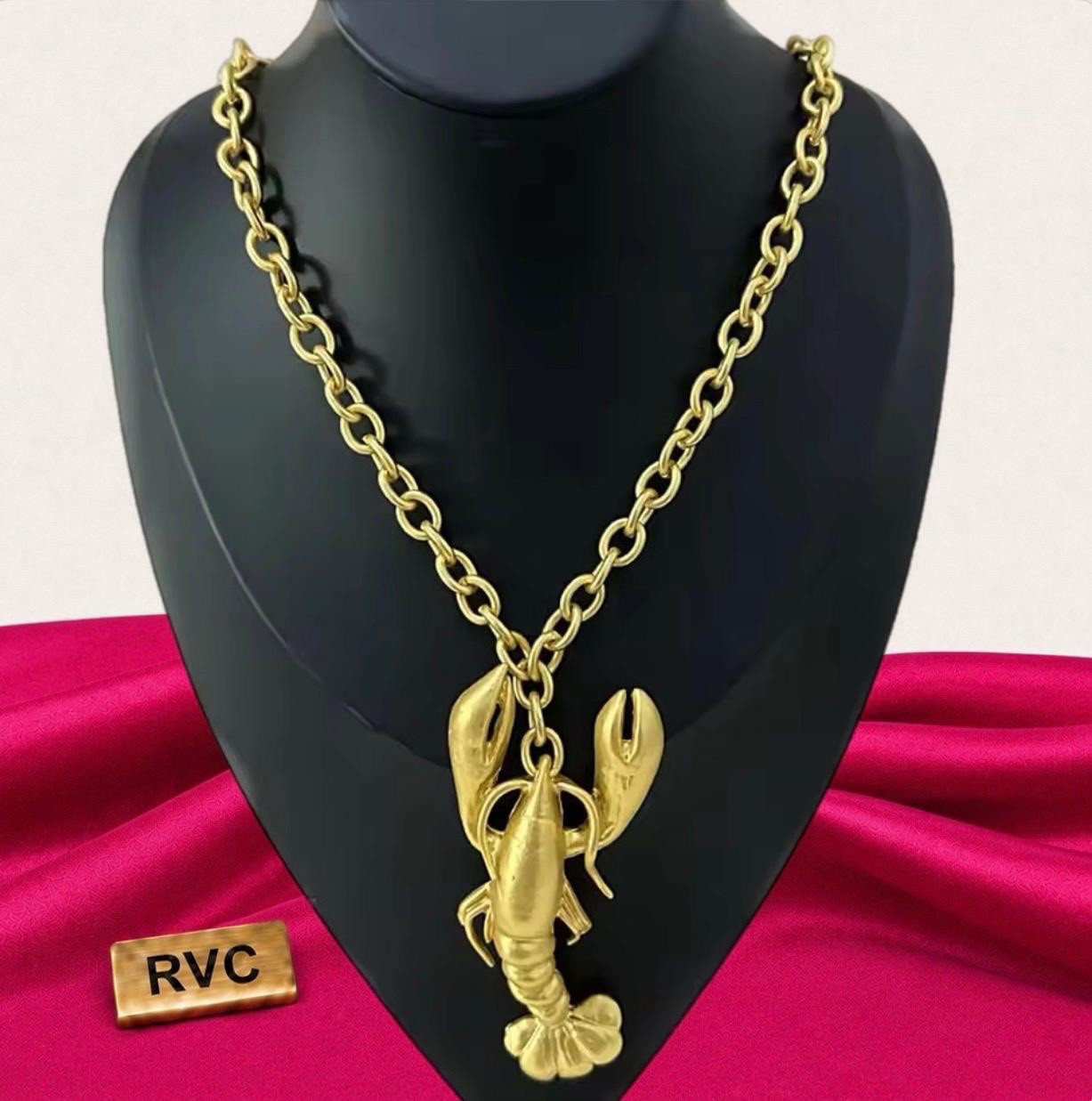Gold Color Plated Brass Lobster Pendant Necklace Chunky Statement Vintage Style