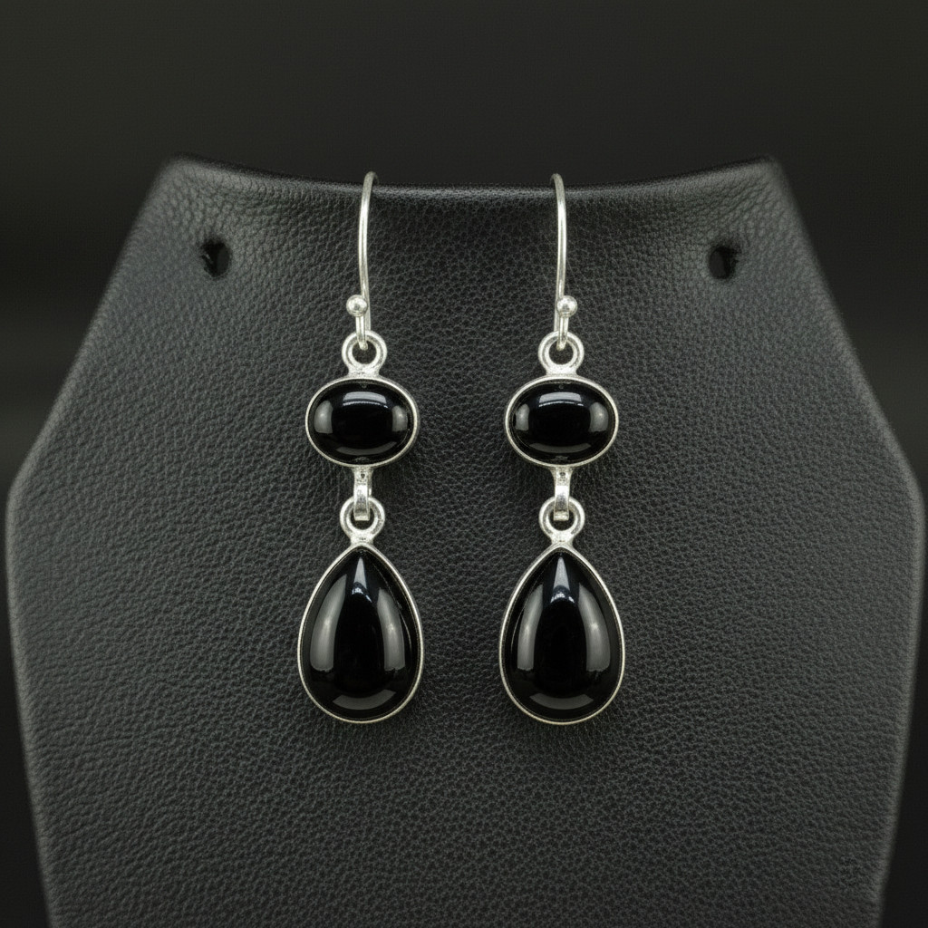 Black Onyx Gemstone 925 sterling silver handmade Dangle Drop Earrings 1.90″