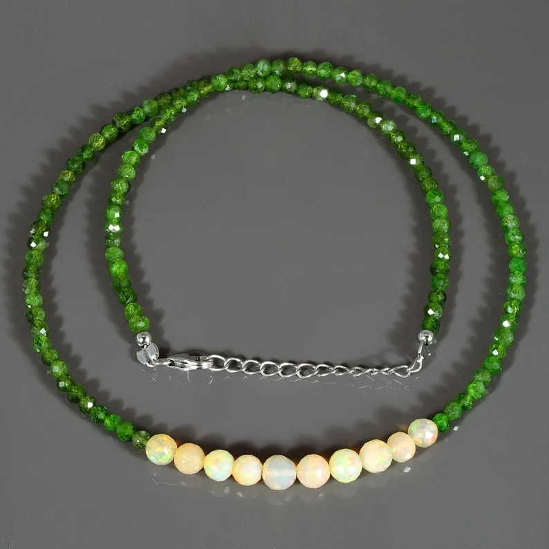 Natural Welo Fire Opal & Chrome Diopside Beaded Necklace 925 Sterling Silver 18″