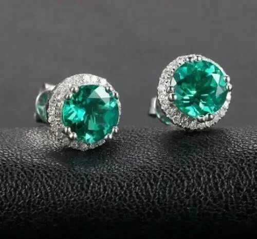 4Ct Round Cut Lab Created Green Emerald Stud Earrings 14K White Gold Finish