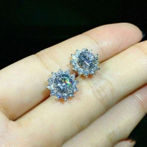 3.00Ct Lab Created Diamond Halo Stud Earrings 14K White Gold Silver Plated