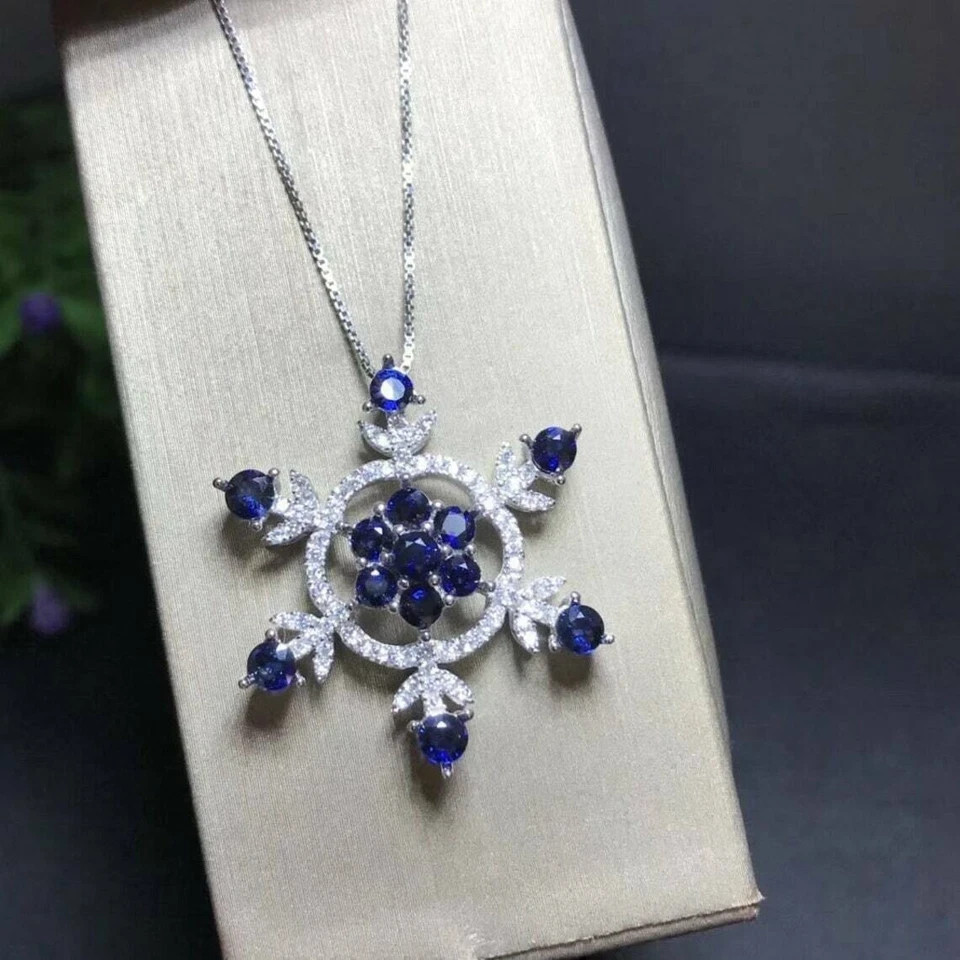 14K White Gold Over Modernist Wedding Botanical Flower Pendant 3CT Blue Sapphire