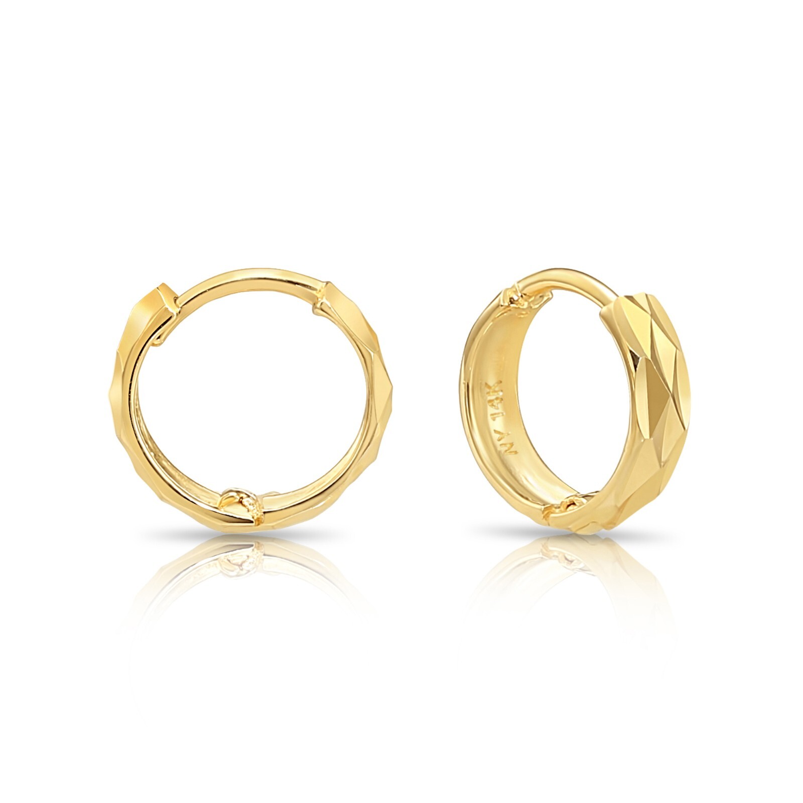 14K Solid Yellow Gold Round Diamond-Cut Huggie Hoop Earrings Baby Small 10MM