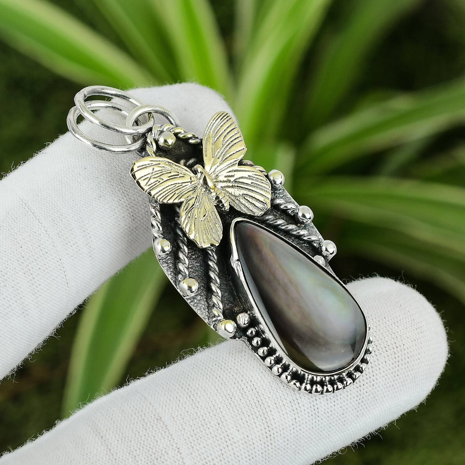 Natural Mother Of Pearl Gemstone 925 Sterling Silver Pendant Butterfly For Women