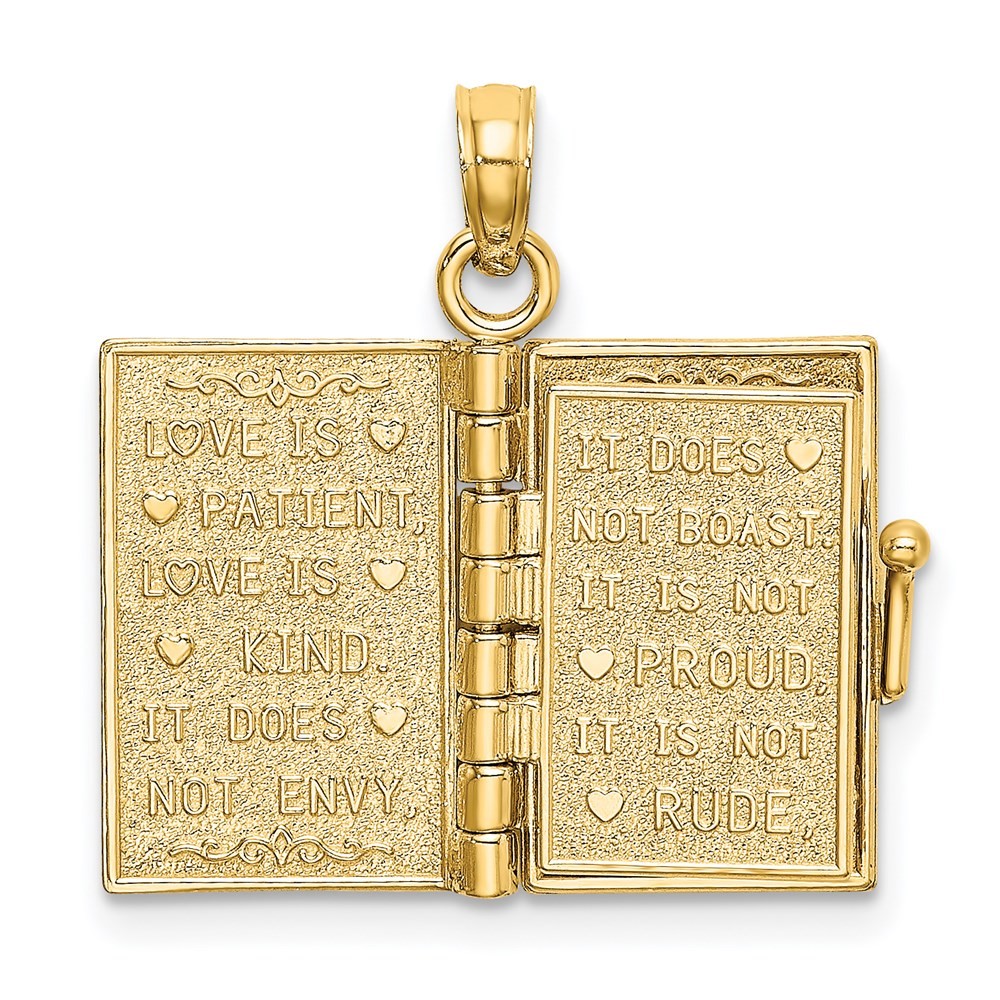 14k Yellow Gold Enameled 3-D Moveable LOVE Bible Verse Flower Book Pendant