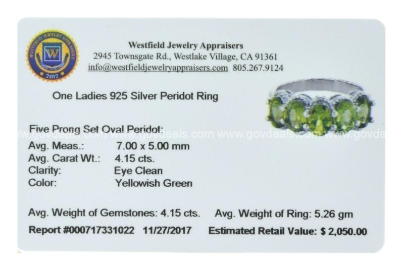 925 Silver Prong Set Oval Peridot Ring 4.15cts Yellowish Green Eye Clean