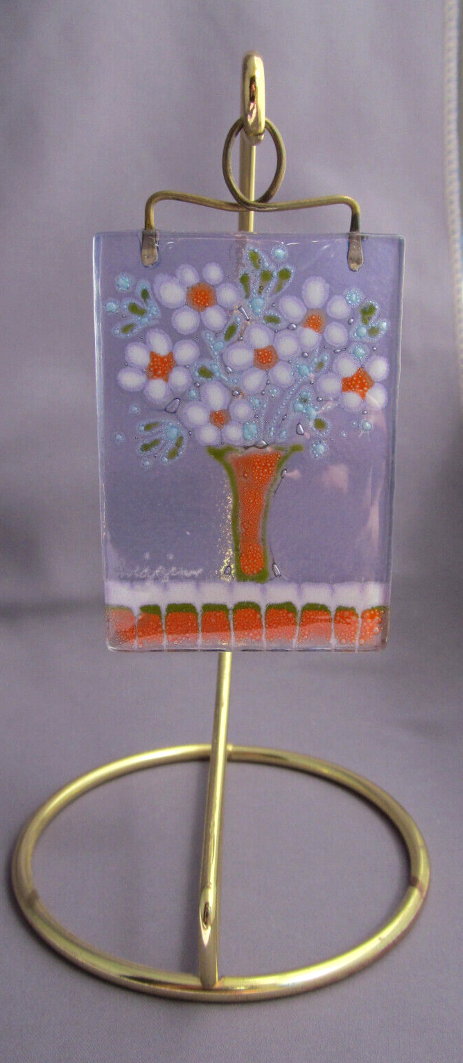 VINTAGE HIGGINS GLASS RECTANGLE FLOWER VASE BOUQUET PENDANT INCLUDES STAND