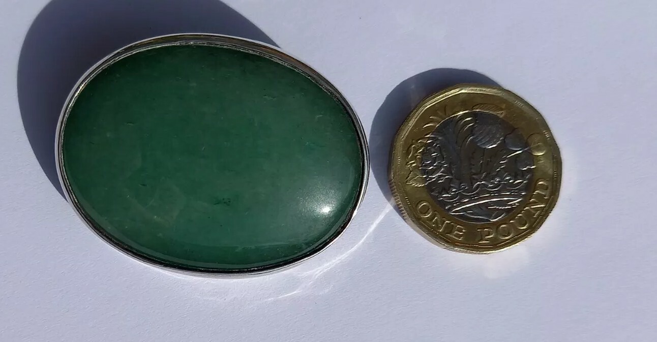 Hand Made Large Oval Silver & Jade Brooch Sheffield Hallmarked MTP 40mm x 32mm