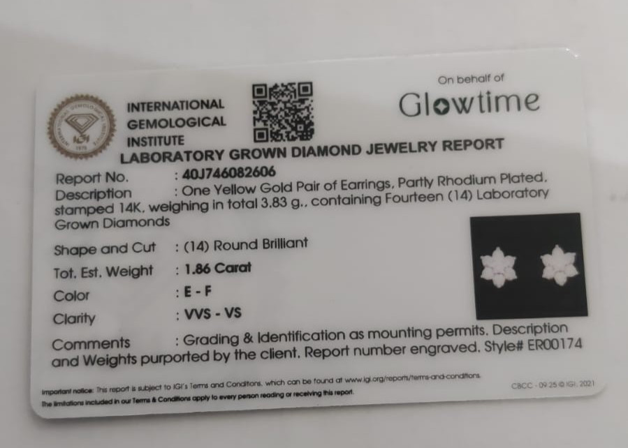 1.86 CT Round Cut E VS1 Lab Created Diamond 14kt Yellow Gold Earring