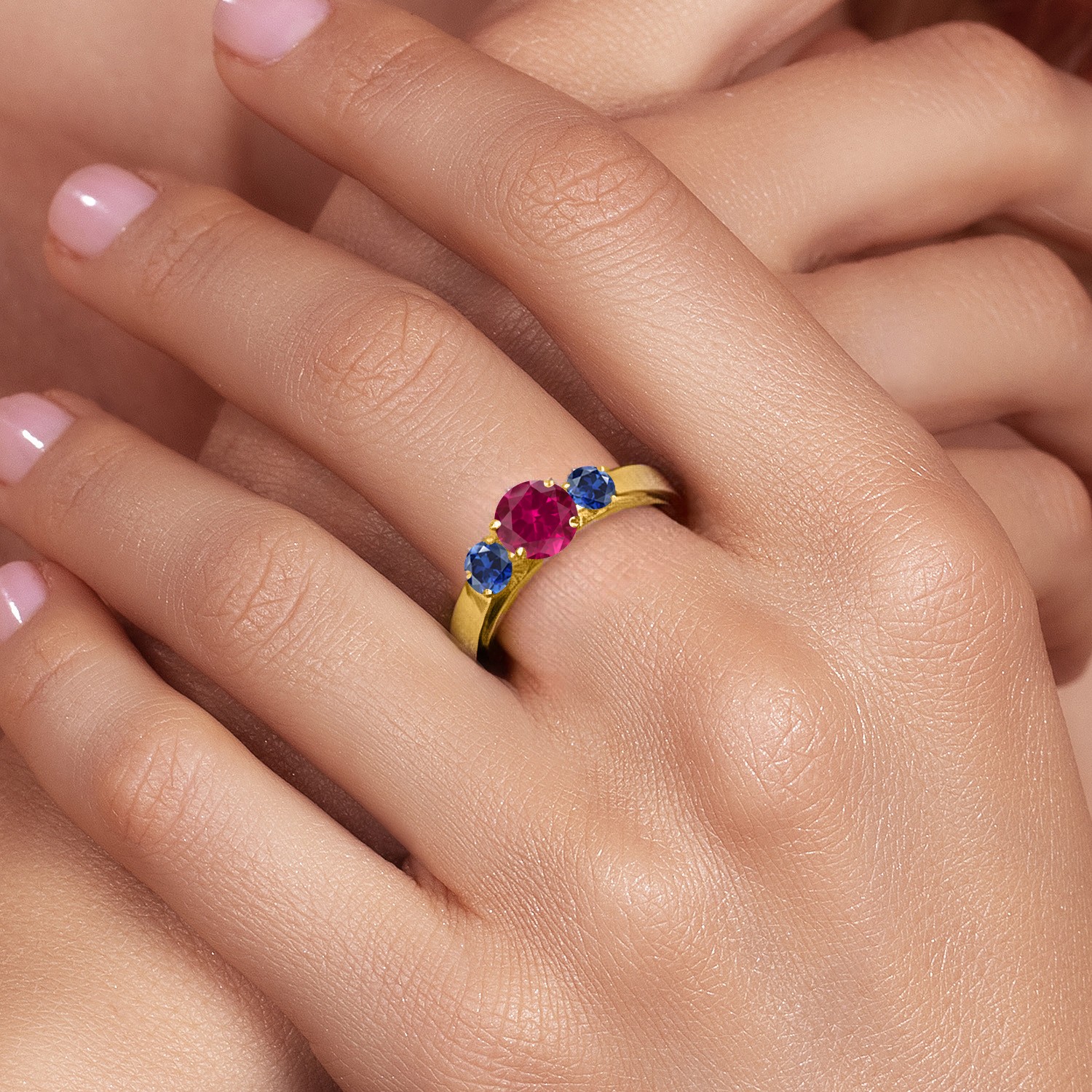 1.26 Created Ruby Created Sapphire 18K Yellow Gold Plated Silver Ring