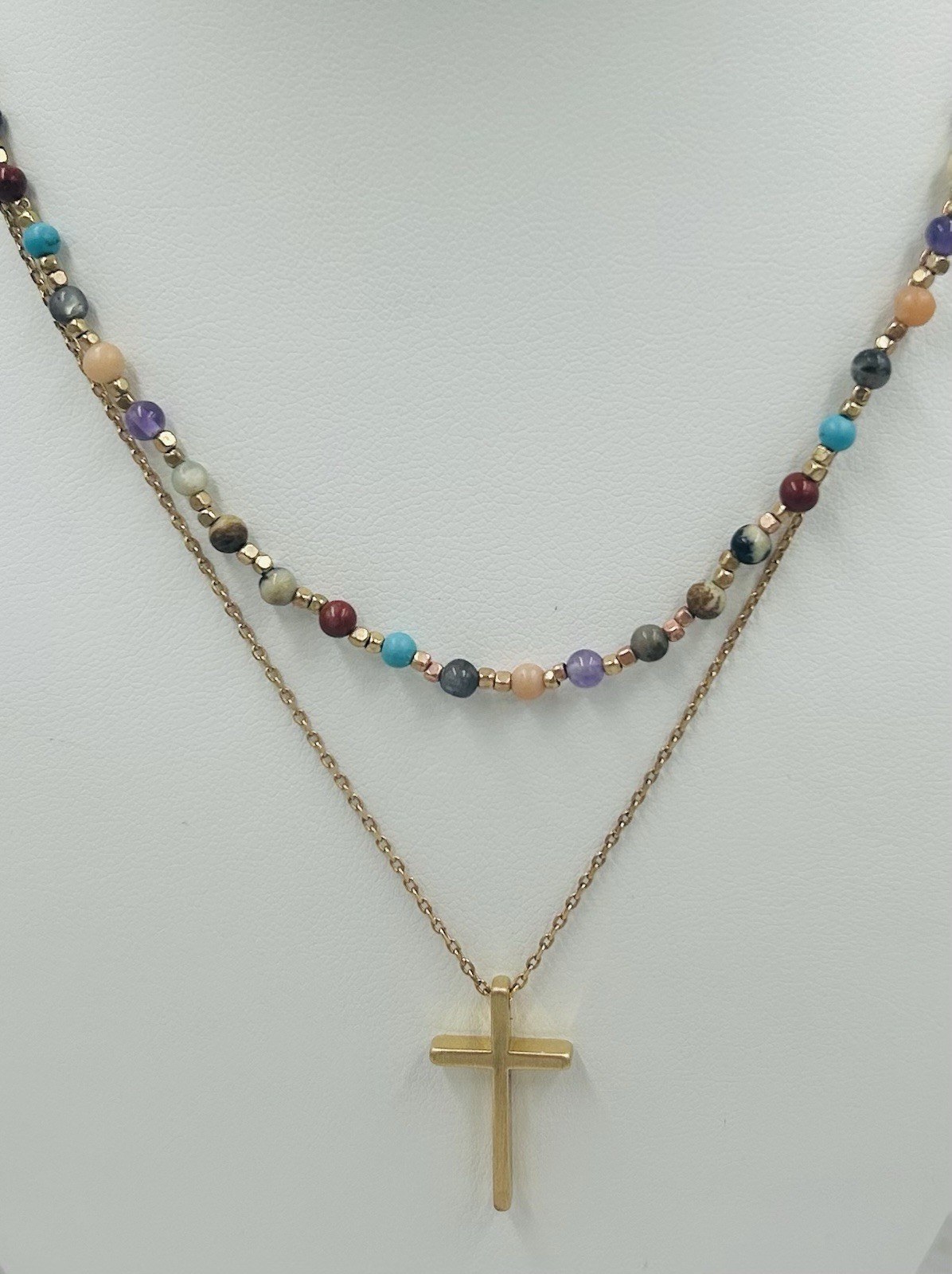 Gorgeous 10K Yellow Gold Cross Double Strand Necklace W/ Semi-Precious Beads 8g