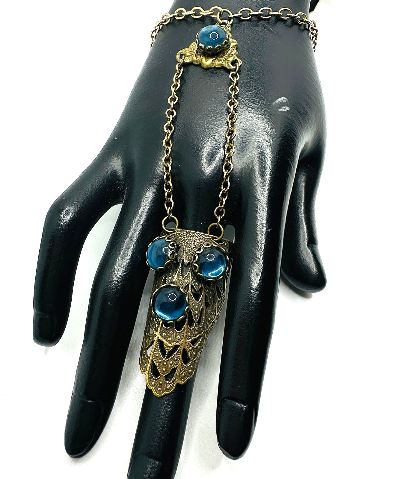 Vtg Filigree Brass Tribal Finger Ring + Bracelet Hand Chain Brass Blue Cabs