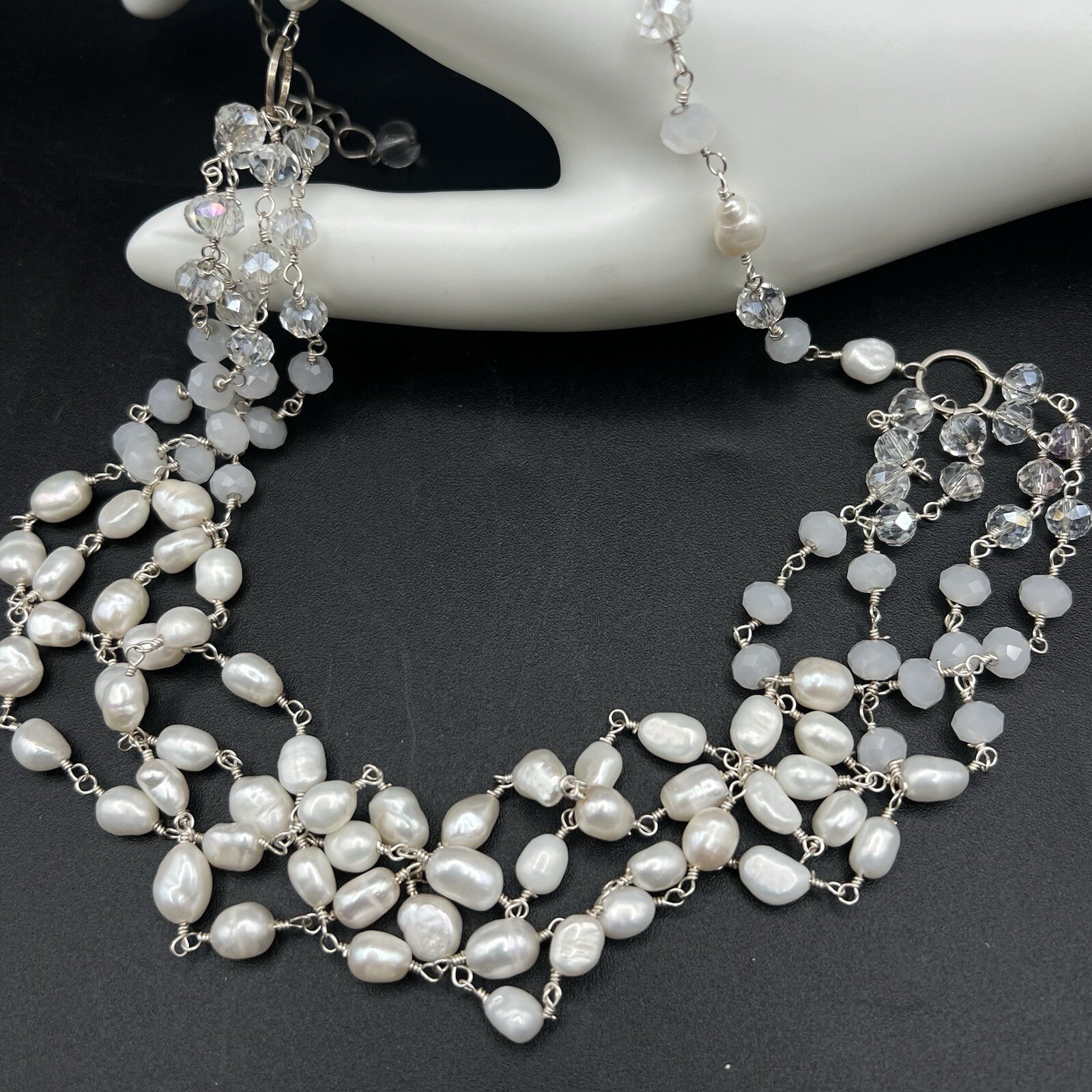 Fresh Water Pearls & Crystal Beads Necklace 925 Clasp Multi Strand 24″