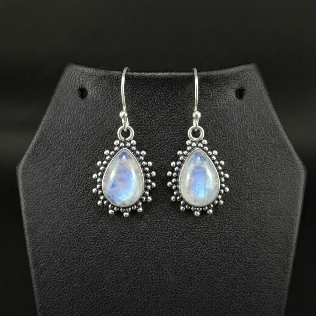 Rainbow Moonstone 925 sterling silver handmade Dangle Drop Earrings 1.50″
