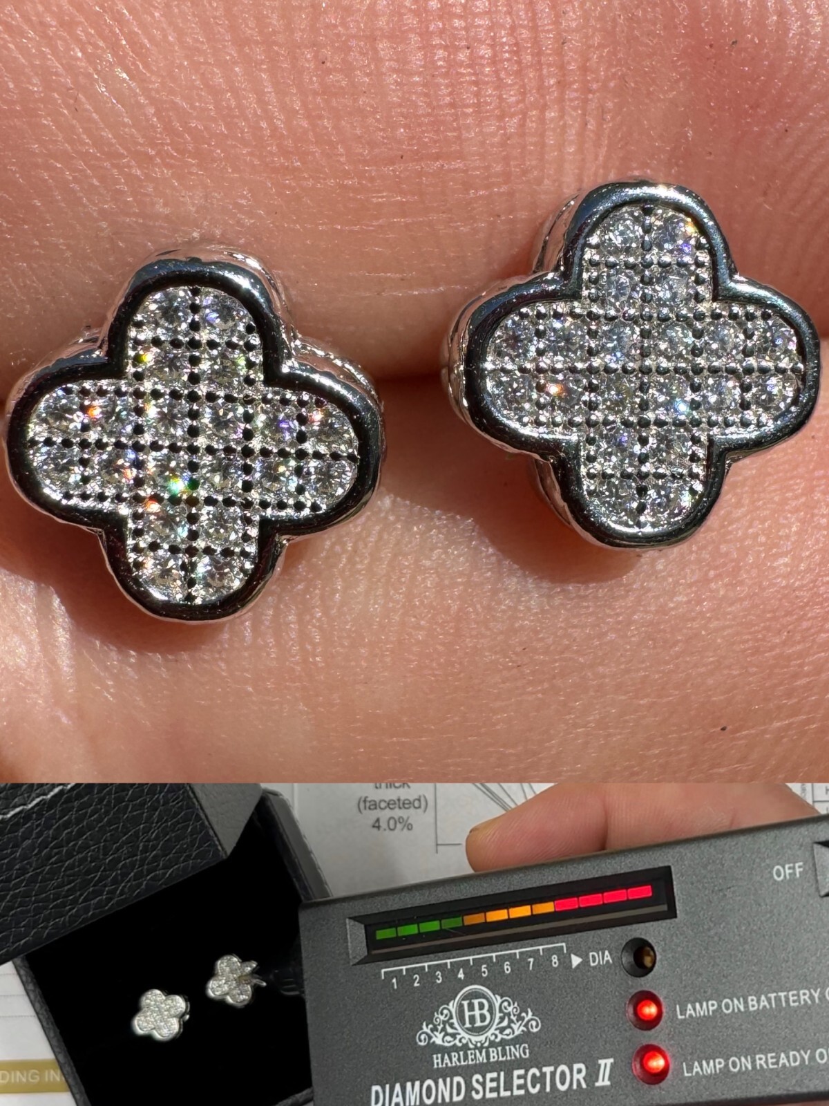 MOISSANITE Earrings Clover 10mm Real 925 Silver Iced Large Mens Ladies Studs