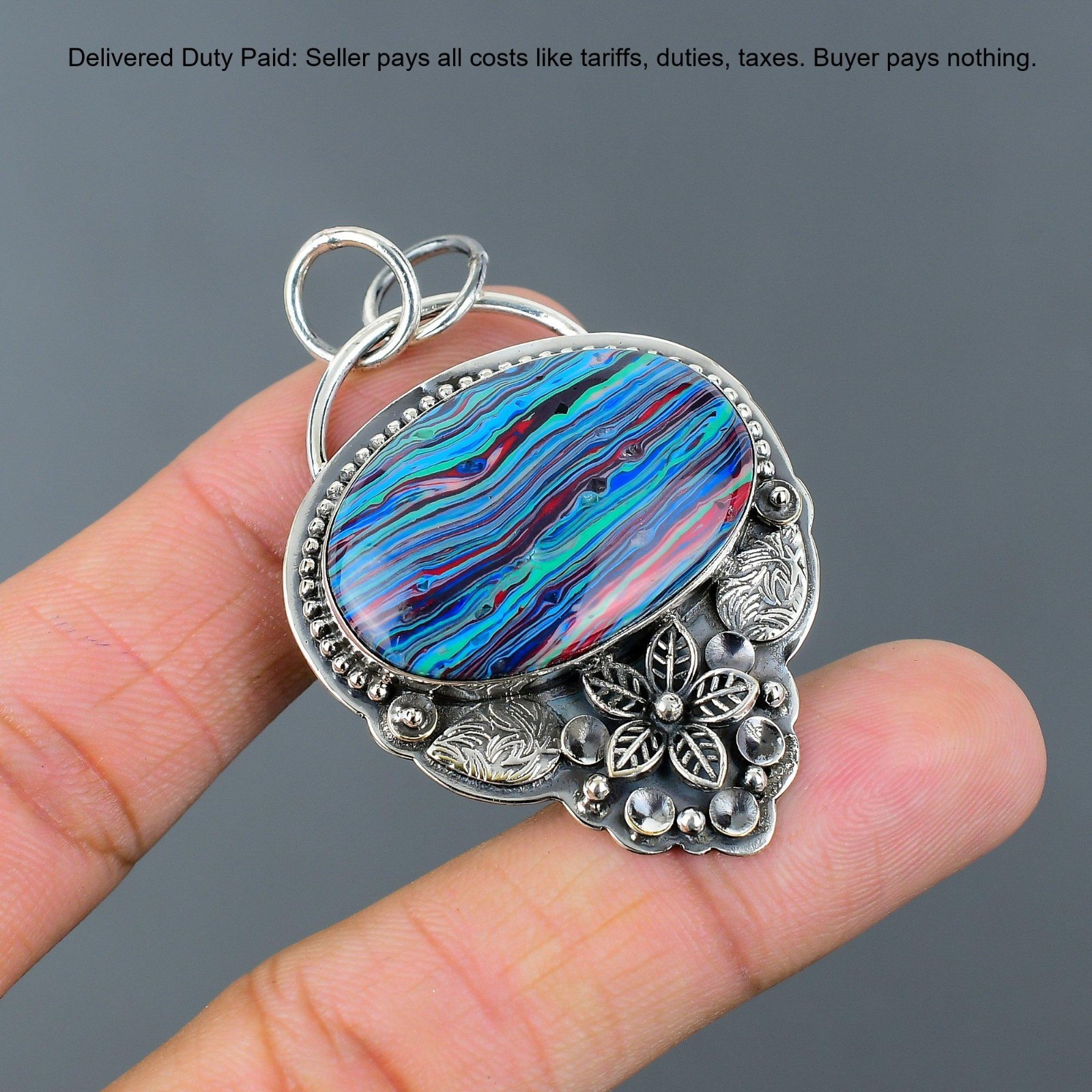 Oval Rainbow Calsilica Gemstone Sterling Silver Bezel New Flower Pendant Jewelry