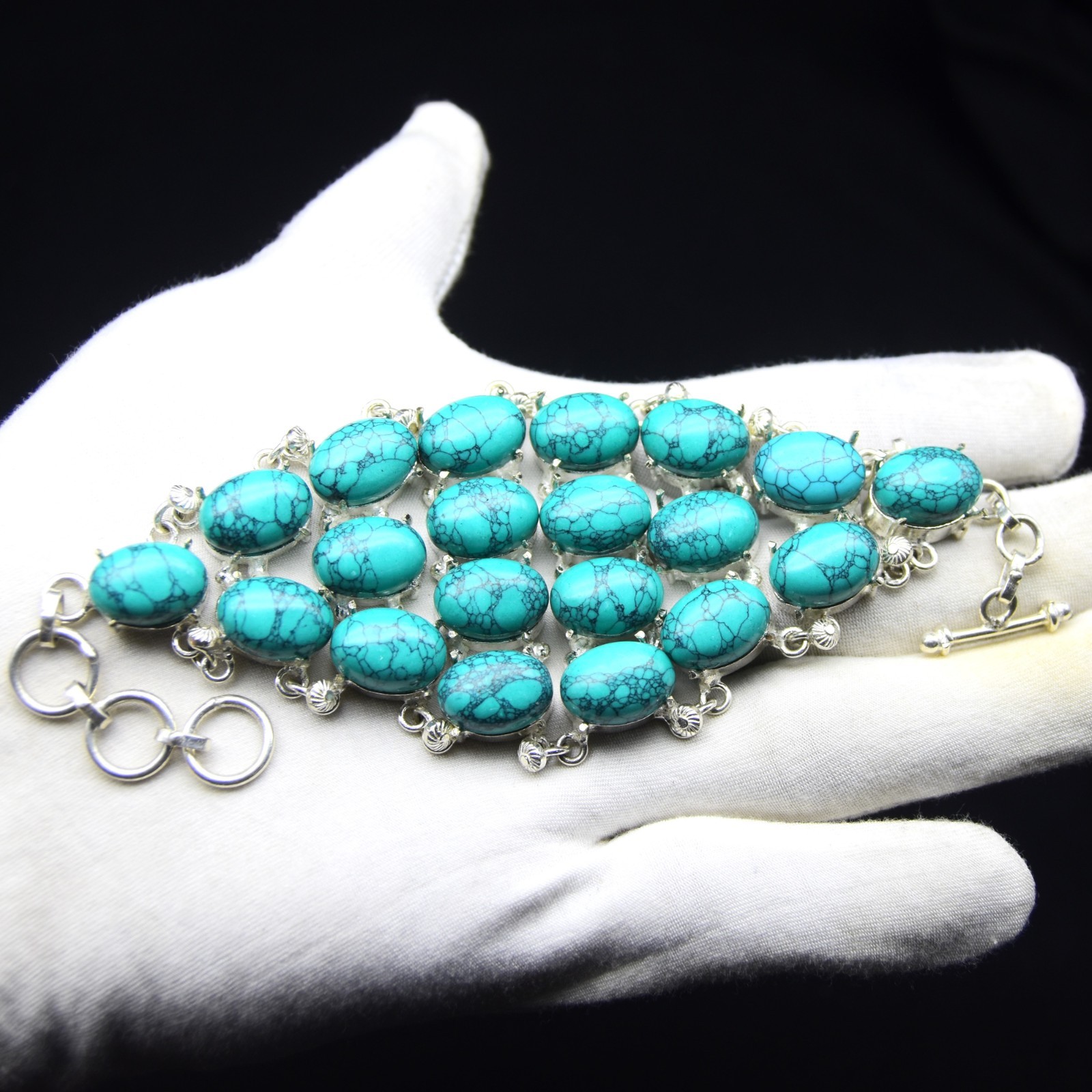 Blue Turquoise Gemstone Bracelet Handmade 925 Sterling Silver Jewelry ADJ 8″