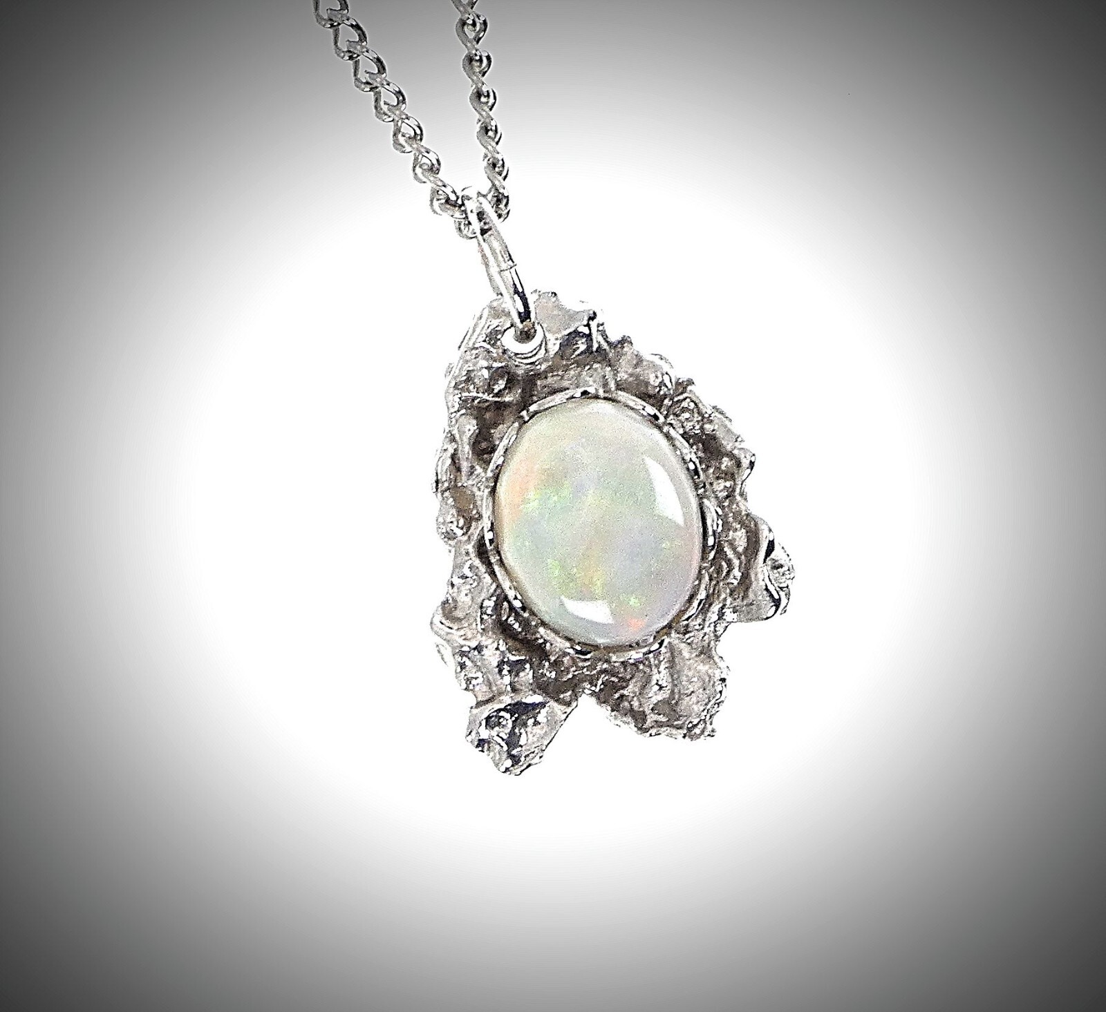 Colorful Oval Opal Stone Set In Asymmetrical Pendant Stainless Steel Necklace