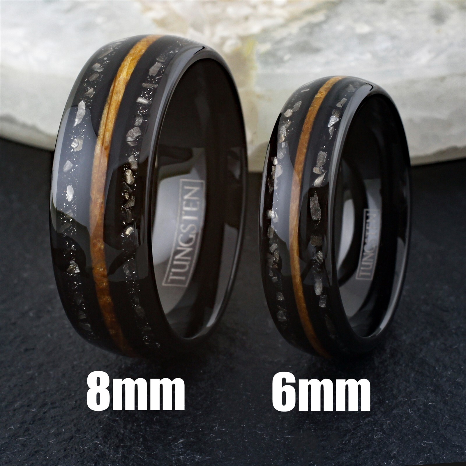 Black Tungsten Carbide Men’s Ring Whiskey Barrel Wood & Meteorite Wedding Band