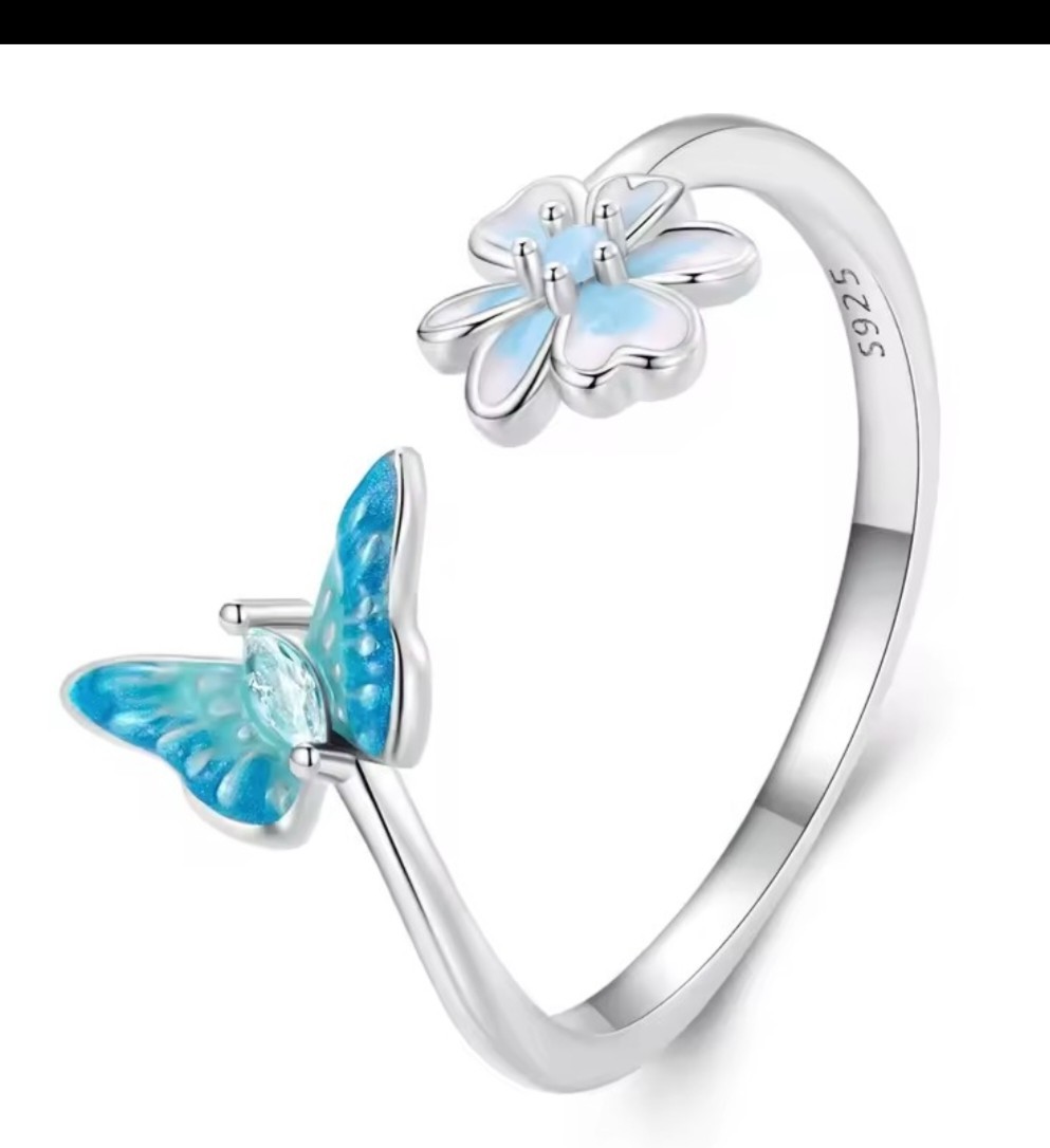 WOSTU Original Open Adjustable 925 Sterling Silver Butterfly Flower Ring RNG130