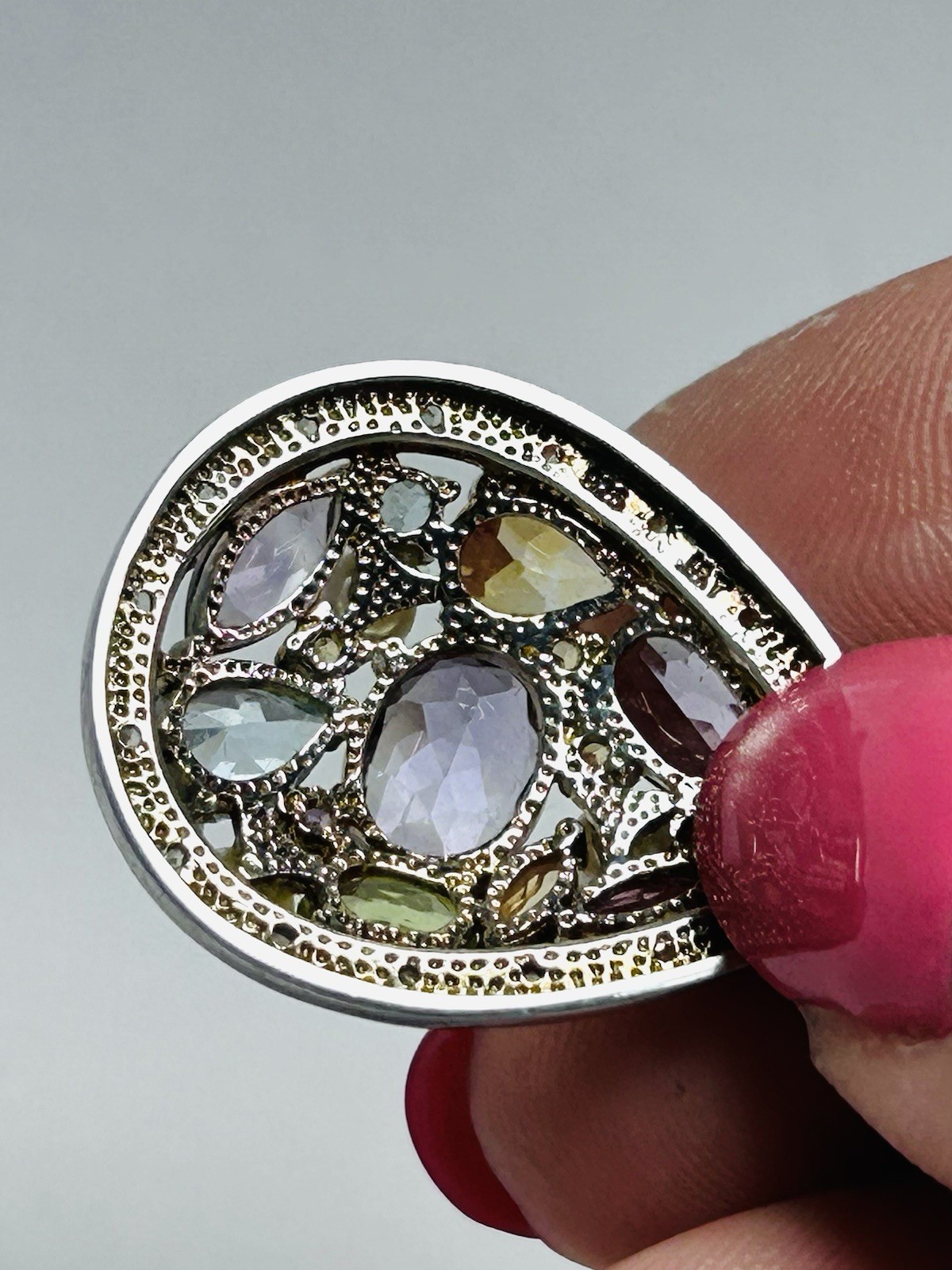 .925 Sterling Silver Multi Gems Teardrop Pendant Amethyst Citrine Peridot Pearls