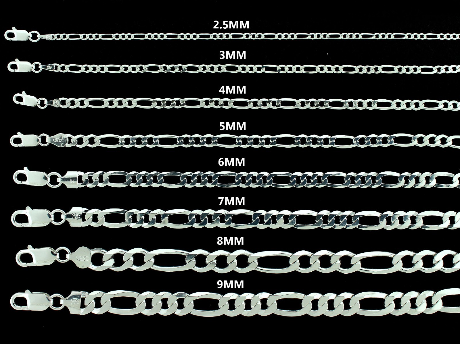 Real 925 SOLID Sterling Silver 2.5MM-9MM FIGARO LINK Chain Bracelet ITALY
