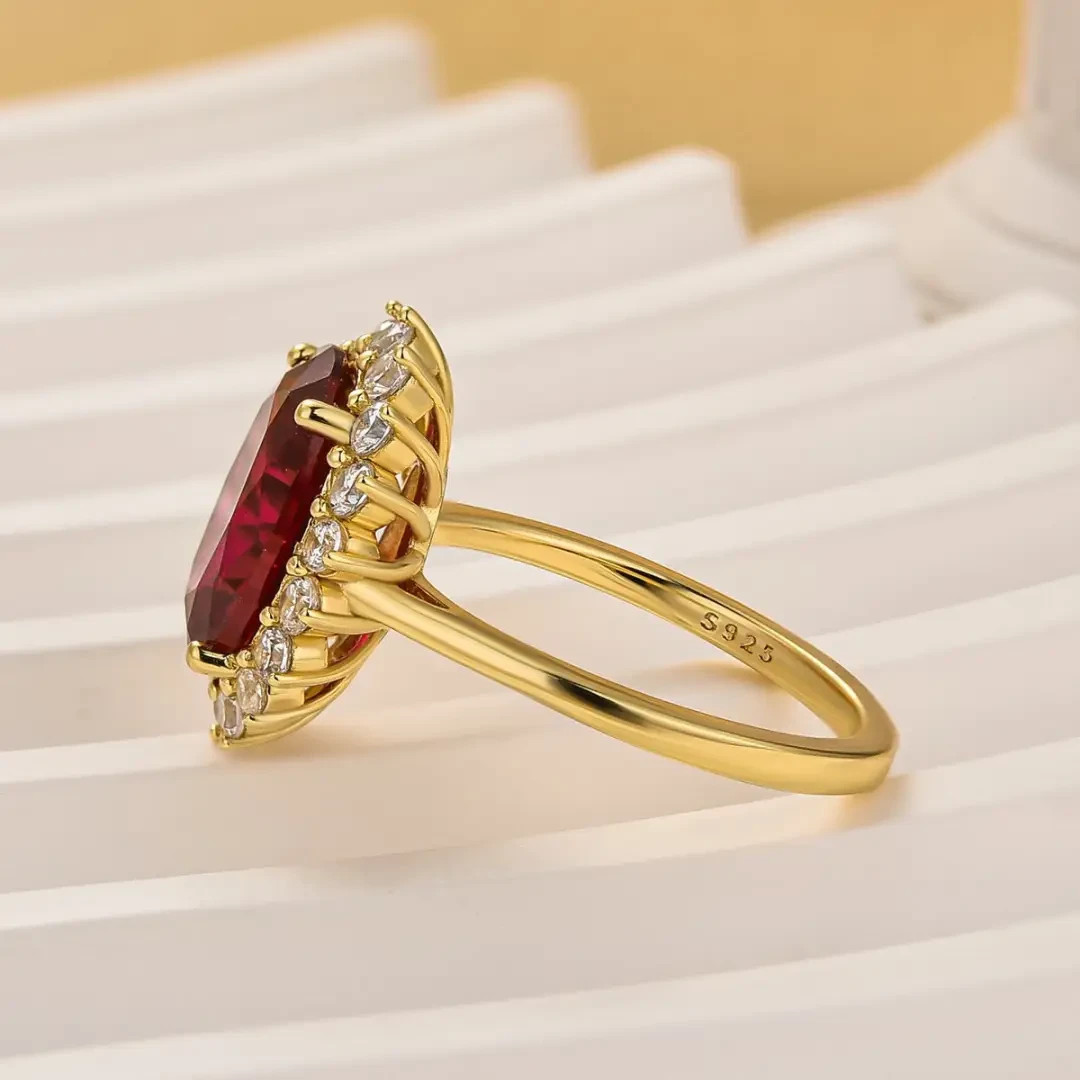 18K Solid Yellow Gold Bridal Ring, Red Ruby Oval Cut Diamond Ring in 5.50 Ct