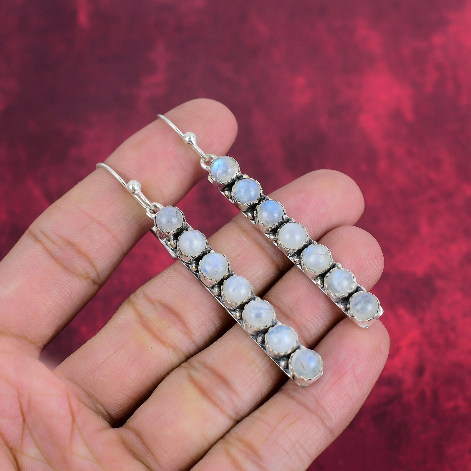 Rainbow Moonstone Gemstone Handmade 925 Sterling Silver Women Earrings Jewelry