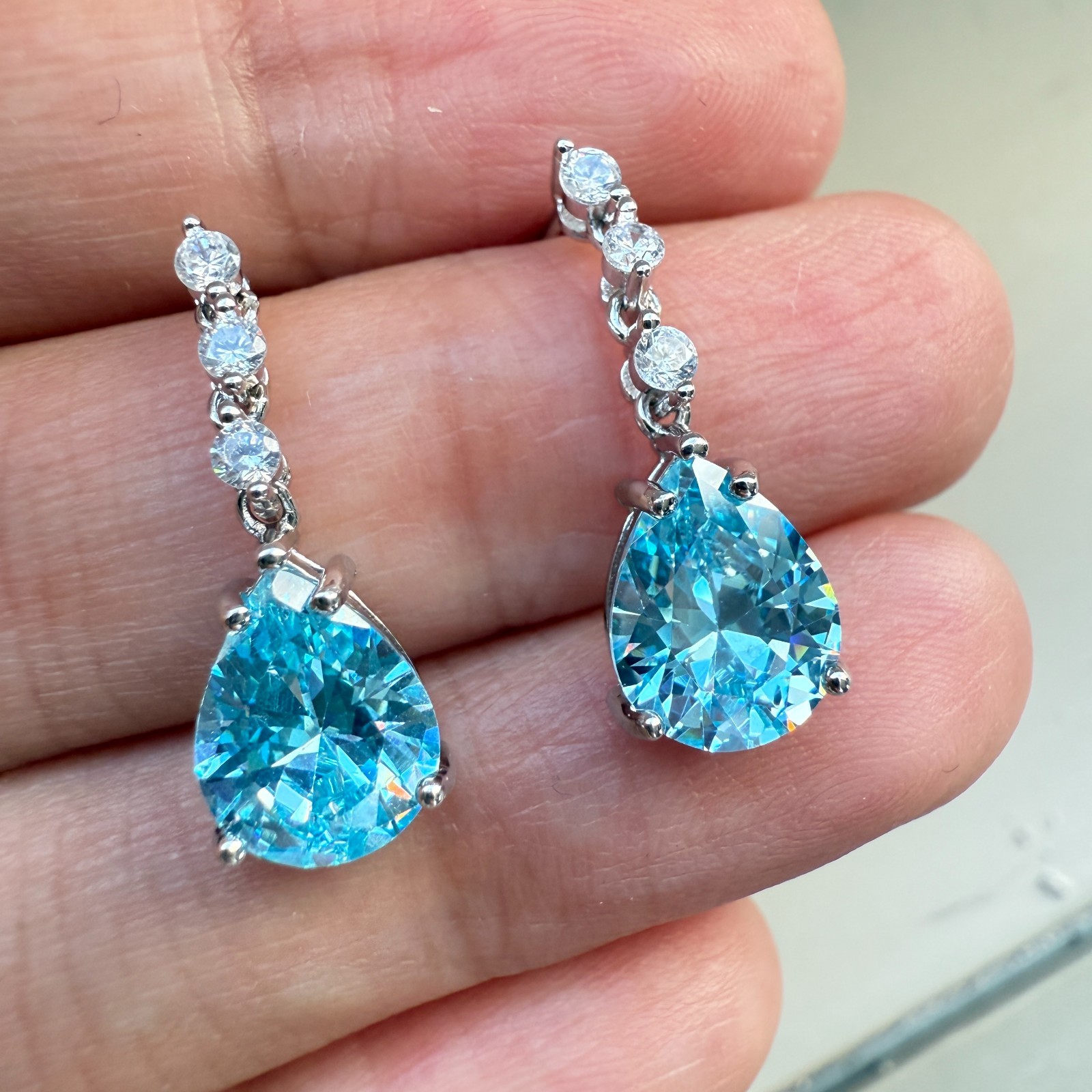 925 Sterling Silver Earrings 9x7mm Natural Topaz Zircon Teardrop Handmade Drop