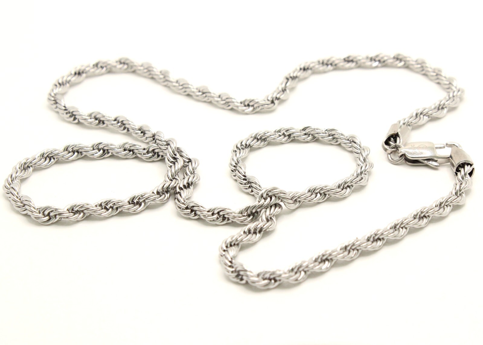 Stainless Steel Textured Rope Chain Necklace 3/16 Inch Wide, Sizes 16-30 Inches